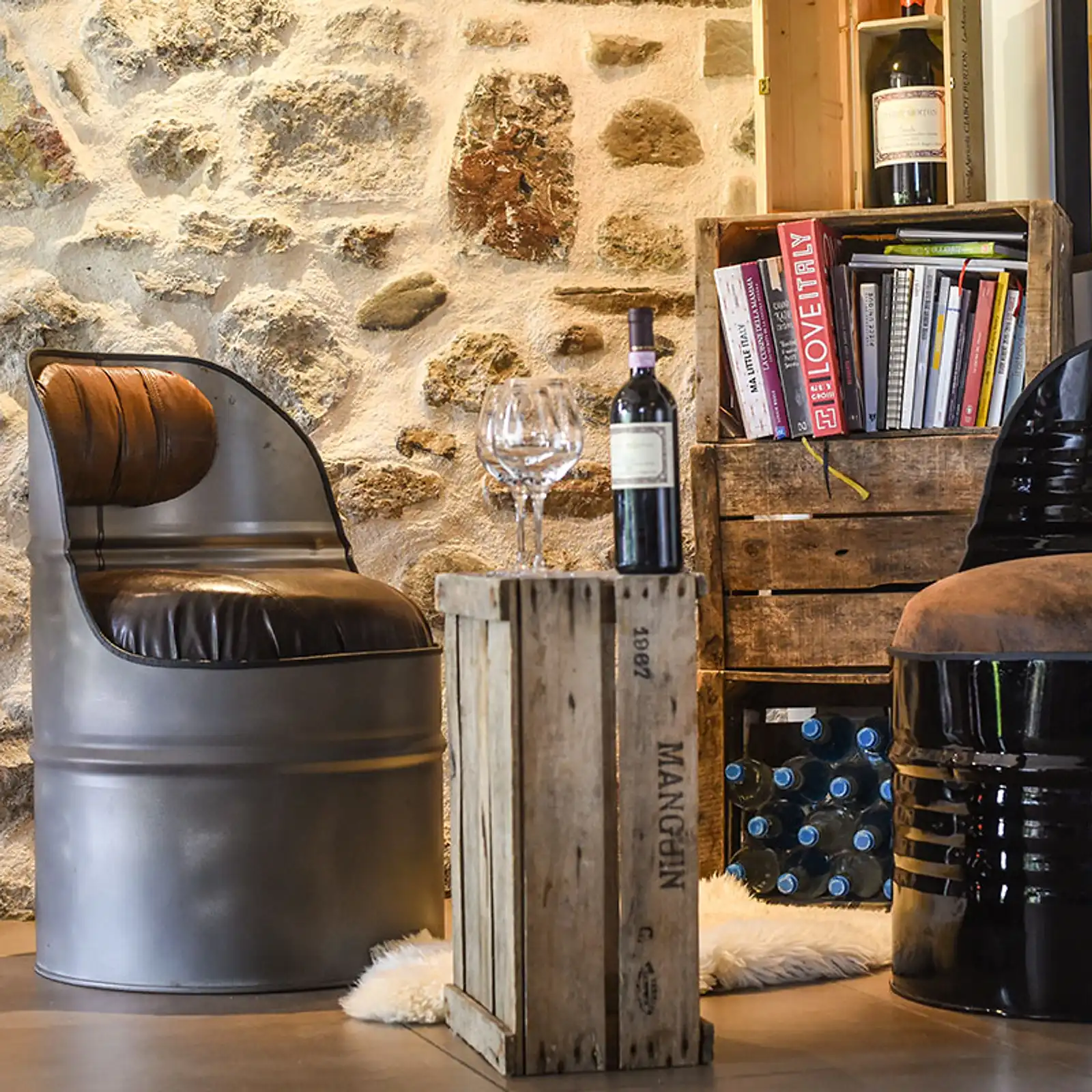 Thumbnail: Fauteuil baril industriel recyclé - Metal cuir marron