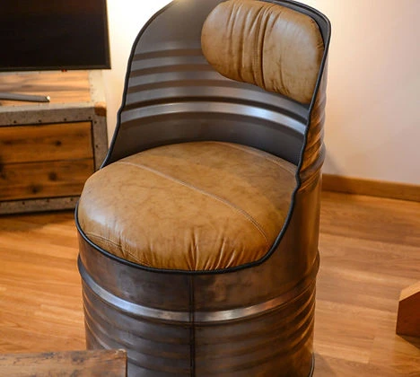 fauteuil-baril-recycle-metal-cuir-marron