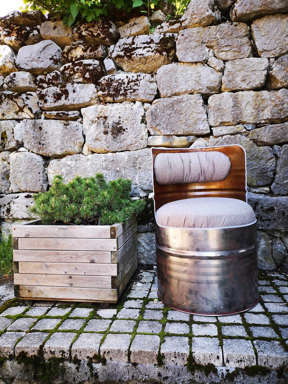 Fauteuil baril industriel recyclé - Metal tissu gris
